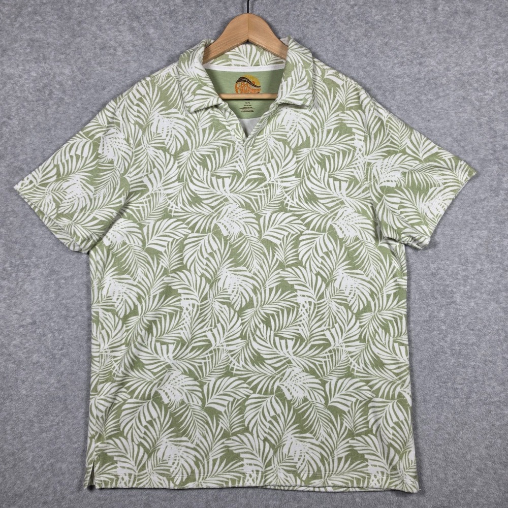 C&C California Terry Cloth Button Down Size XL Green Palm Leaved All Over Print